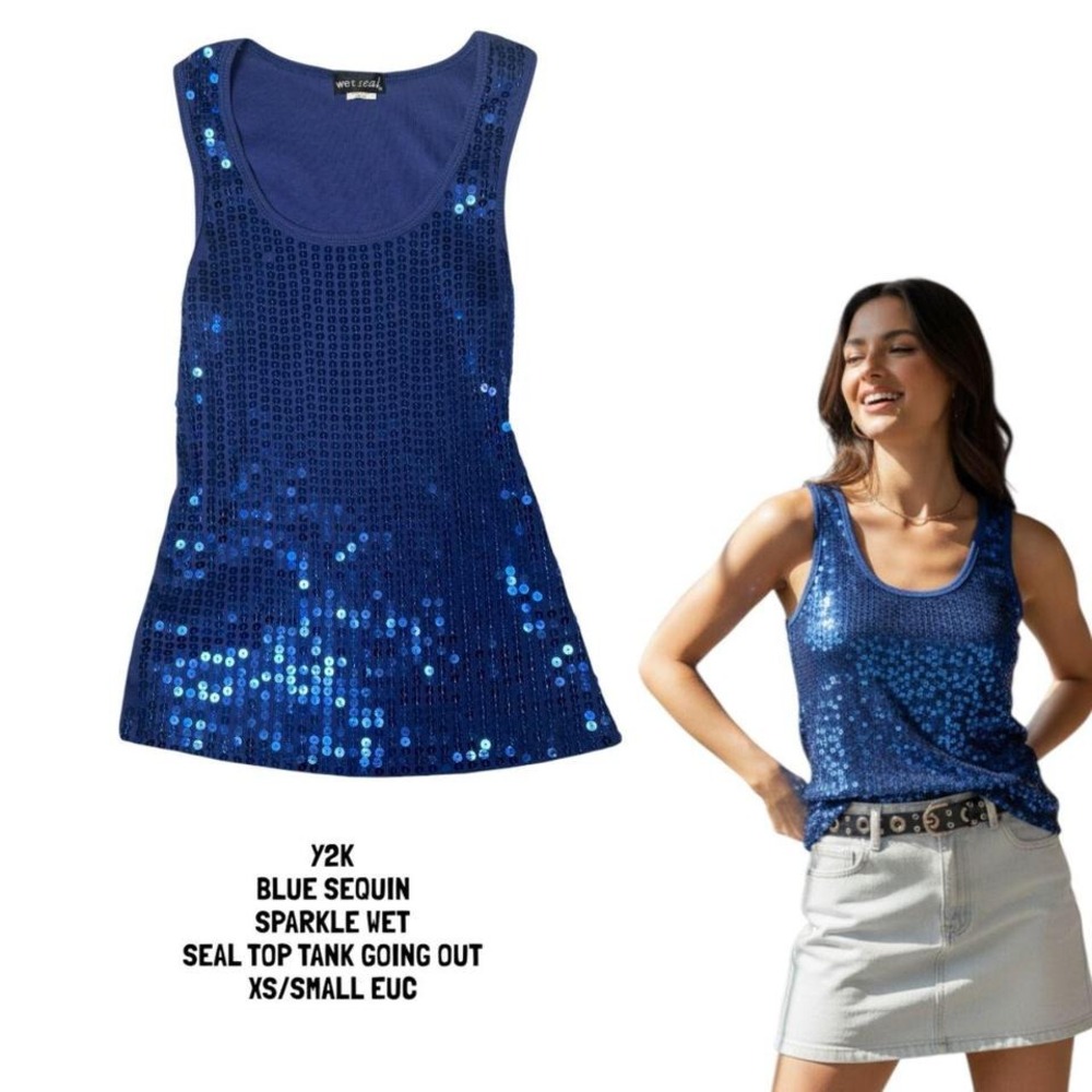 Y2K VINTAGE BLUE SEQUIN WET SEAL SPARKLE TOP XS/SMALL EUC #13